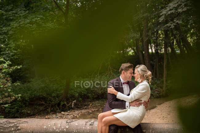 Красивий наречений у костюмі тримає наречену на руках і сидить на стовбурі падіння дерева в зеленому лісі — стокове фото