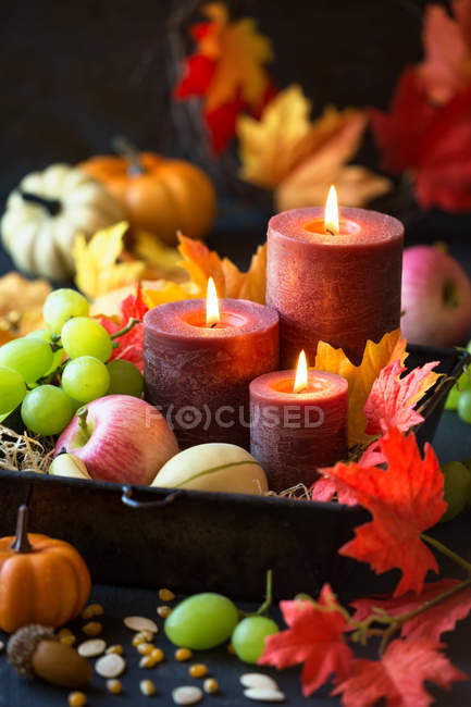 Composición de otoño para Acción de Gracias con velas, hojas de otoño, uvas, calabazas y semillas de maíz - foto de stock