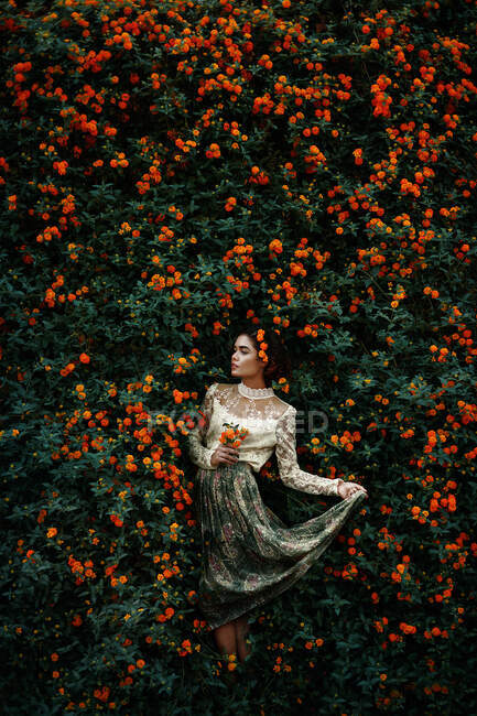 Linda jovem afro-americana encantadora em panos leves com flores na mão olhando para longe e de pé perto de um grande arbusto — Fotografia de Stock