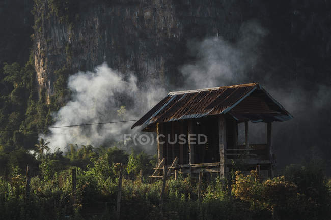 Pequeña cabaña de madera y humo en la naturaleza - foto de stock