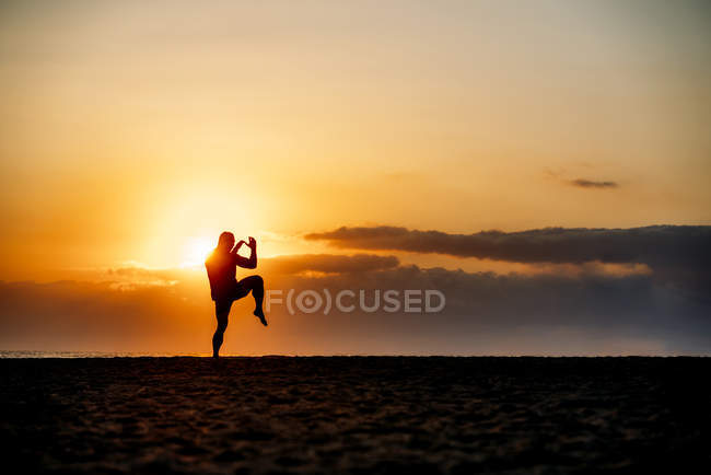 Silhouette of man practicing martial arts on beach — Stock Photo
