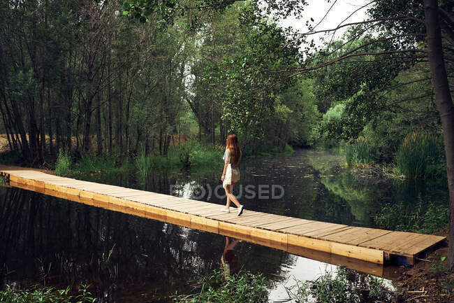 Back view of young woman in dress with long hair walking on wooden bridge above calm smooth river in forest — Stock Photo