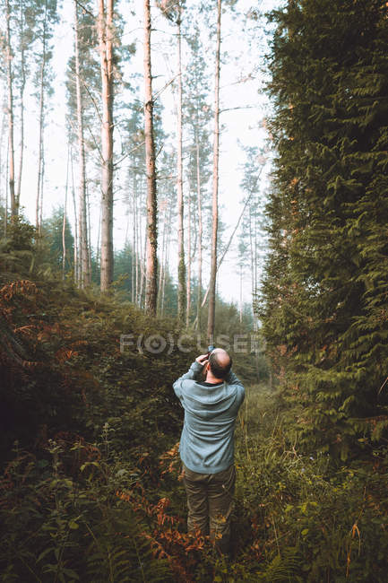Photographer taking photo on road in forest — Stock Photo