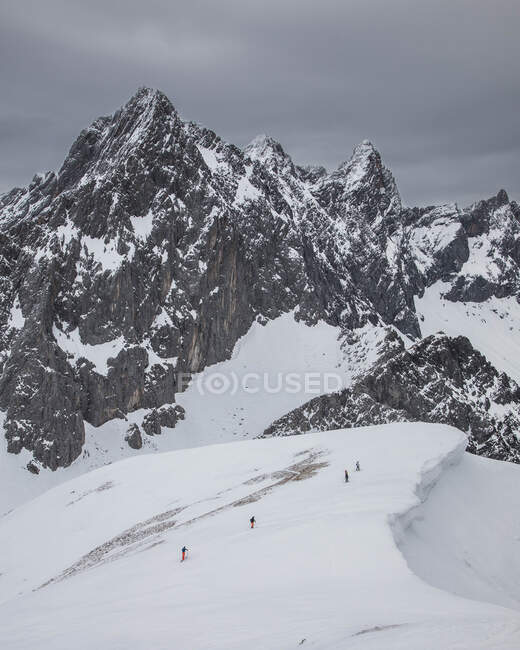 Grupo de excursionistas irreconocibles caminando por montañas cubiertas de nieve. - foto de stock