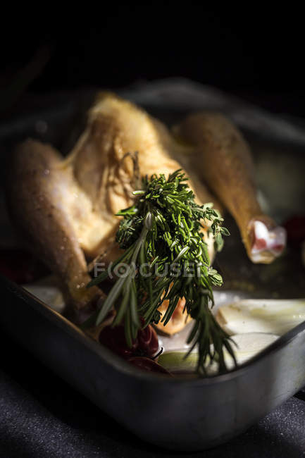 Крупный план сырой цельной курицы, готовой к жарке на сковороде с ингредиентами — стоковое фото