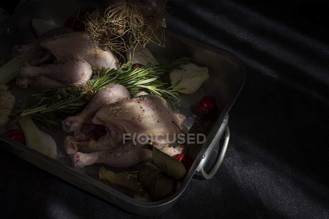 Polli interi crudi pronti da arrostire sulla teglia con ingredienti — Foto stock