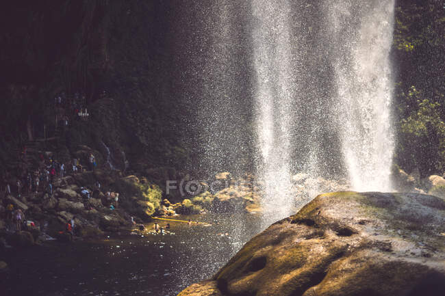 Impresionante vista de la delgada corriente de agua que cae desde el acantilado en la majestuosa selva mexicana - foto de stock