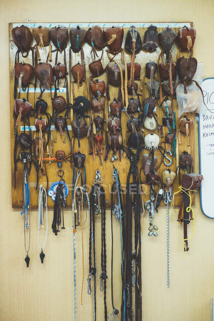 Leather-made protective hats for birds hanging on wall — Stock Photo