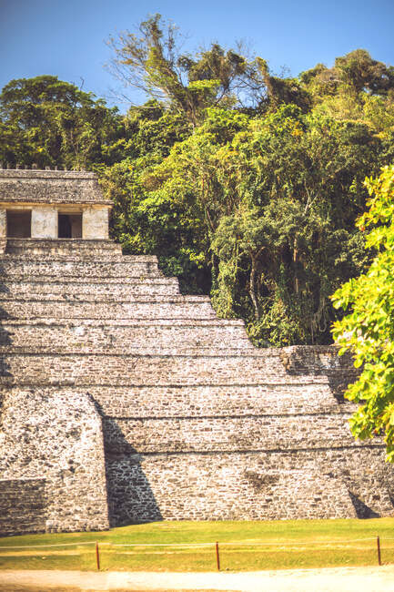 Вид на удивительные пирамиды майя, расположенные в городе Паленке в штате Чьяпас, Мексика — стоковое фото