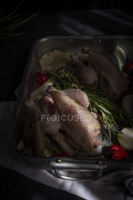 Pollos enteros crudos listos para asar en una bandeja para hornear con ingredientes - foto de stock