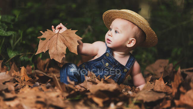 Niedliches Kleinkind in Hut und Jeans sitzt und spielt mit Laub in der Natur. — Stockfoto