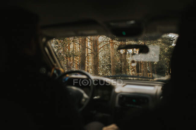 Back view of unrecognizable person driving modern car along countryside road on gray day — Stock Photo
