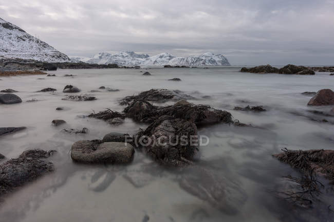 Rocce lisce in corso d'acqua con montagne innevate sullo sfondo — Foto stock