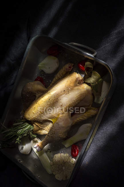 Rohe ganze Hühnchen fertig zum Braten auf Backform mit Zutaten — Stockfoto