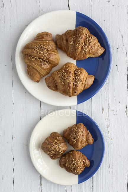 Croissants cuits au four sur assiettes blanches et bleues sur table blanche en bois — Photo de stock