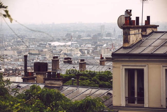 Перегляд дерев і будинок дахи, покриті туман в Парижі — стокове фото