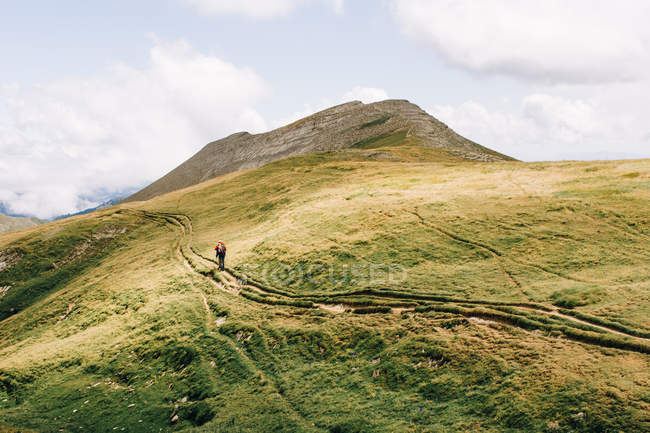 Мандрівник гуляє по зеленому гірському хребту в природі — стокове фото
