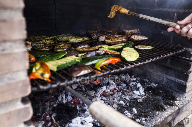 Primo piano dell'uomo mano facendo barbecue con verdure e carne — Foto stock