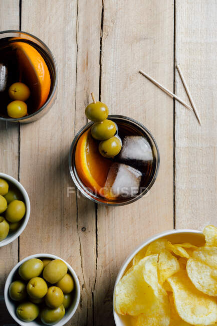 Top view of drinks and snacks — Stock Photo