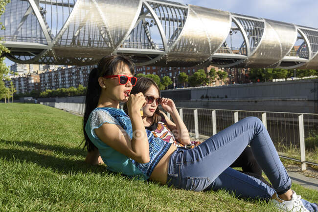 Vue latérale de belles dames asiatiques regardant loin tout en étant couché sur l'herbe du parc vert près du pont moderne — Photo de stock