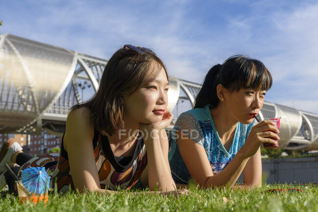 Femmes asiatiques allongées sur l'herbe du parc — Photo de stock