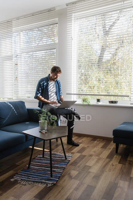Бородатый парень просматривает современный ноутбук, сидя на удобном диване в стильной гостиной — стоковое фото