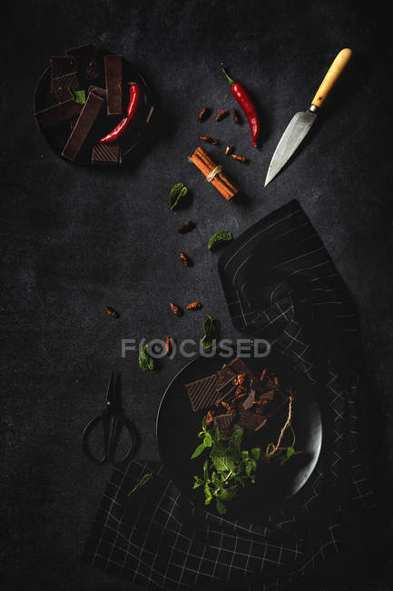 Chocolate pieces with red chilli peppers and mint on dark background — Stock Photo