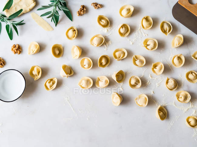 Handmade tortellini on white background with herb leaves and flour — Stock Photo