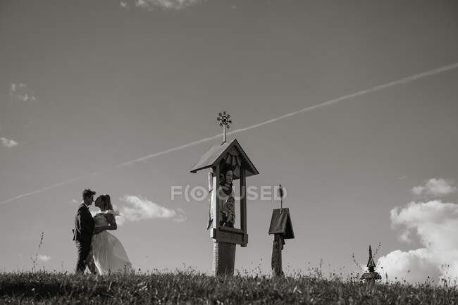 Noivo e noiva segurando um ao outro no campo — Fotografia de Stock