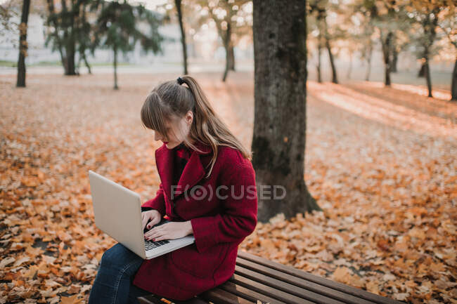 Jovem senhora de casaco vermelho usando dispositivo e sentado no assento na floresta de outono — Fotografia de Stock