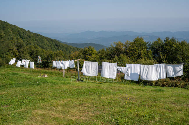 Ramo de ropa blanca limpia colgando de las cuerdas en la cima de la colina verde en el día soleado en Bulgaria, Balcanes - foto de stock