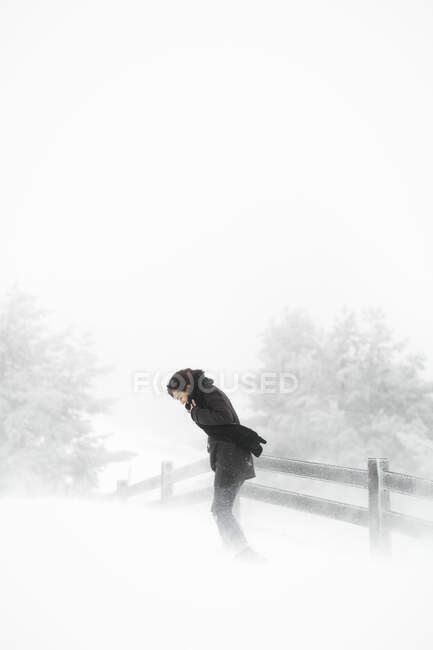 Vue latérale de la jeune femelle en vêtements chauds marchant près de la clôture par une journée d'hiver venteuse dans une magnifique campagne — Photo de stock