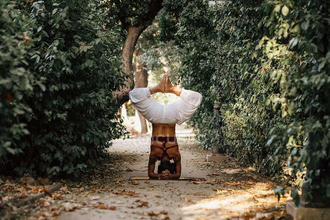 Barfüßige Frau führt Kopfstand auf Pfad im Herbstgarten auf — Stockfoto