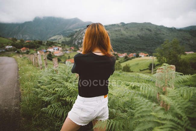 Vista trasera de una mujer anónima parada cerca de la carretera y el helecho y admirando la impresionante vista de las magníficas montañas en Cantabria, España - foto de stock