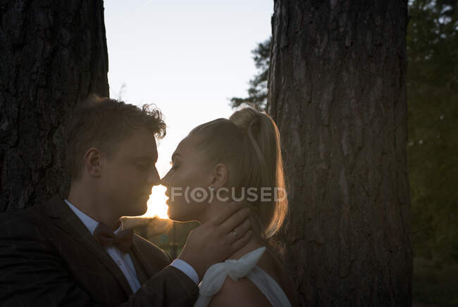 Bräutigam und Braut Nase an Nase bevor sie sich im Sonnenuntergang küssen — Stockfoto