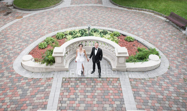 De dessus plan de marié et mariée tenant la main tout en se tenant près de beau lit de fleurs dans la cour de luxe — Photo de stock