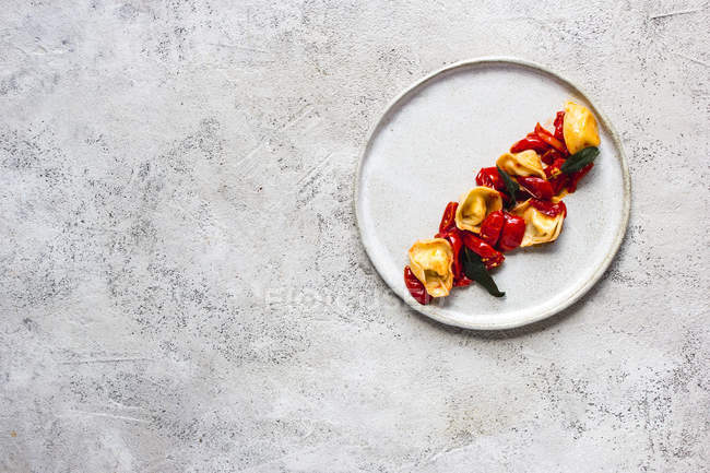Delicioso prato de tortellini com tomate servido em prato em mesa cinza — Fotografia de Stock