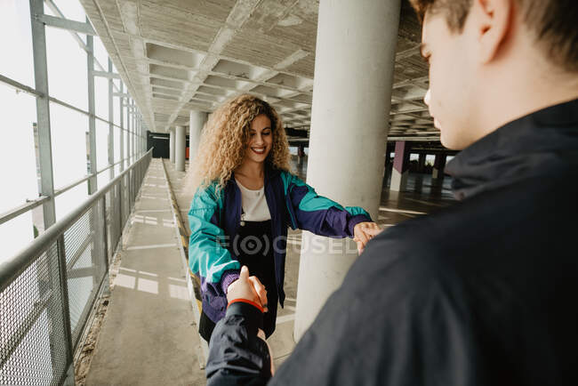Cheerful woman asking to follow her — Stock Photo