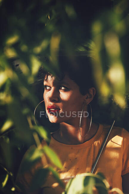 Lovely young female in stylish outfit holding umbrella and looking away while standing in thicket on sunny day — Stock Photo