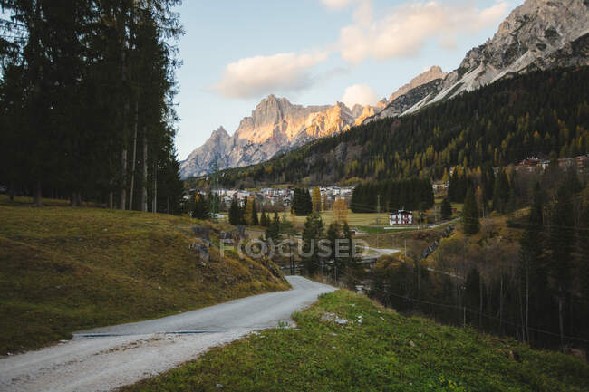 Estrada rural estreita e bela floresta no dia ensolarado em magníficos Alpes italianos — Fotografia de Stock