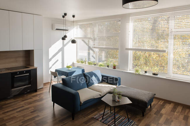 Bequemes Sofa in der Nähe von Küchenmöbeln im stilvollen Zimmer einer modernen Wohnung an sonnigen Tagen — Stockfoto