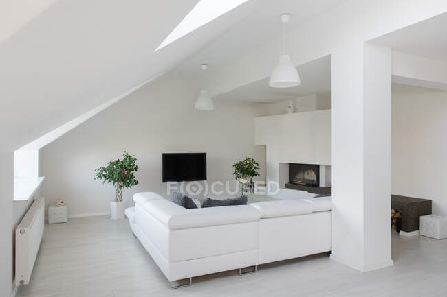 Современная меблированная гостиная, выполненная в белом цвете с инкрустированным потолком и навесом — стоковое фото