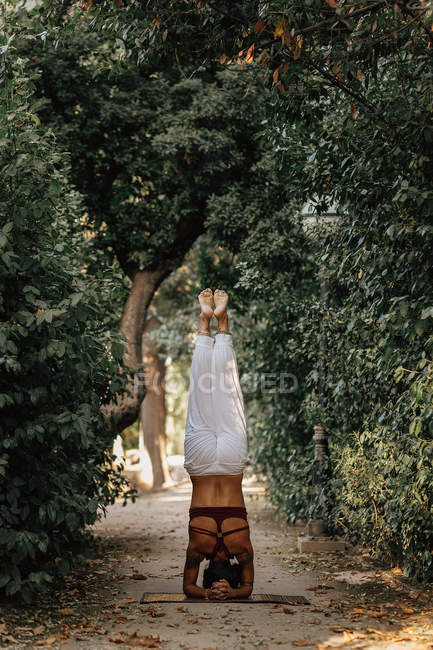 Mulher descalça realizando Headstand no caminho no jardim de outono — Fotografia de Stock