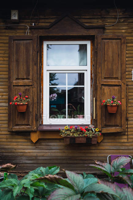 Potted flowers hanging near window of picturesque lumber house in countryside — Stock Photo