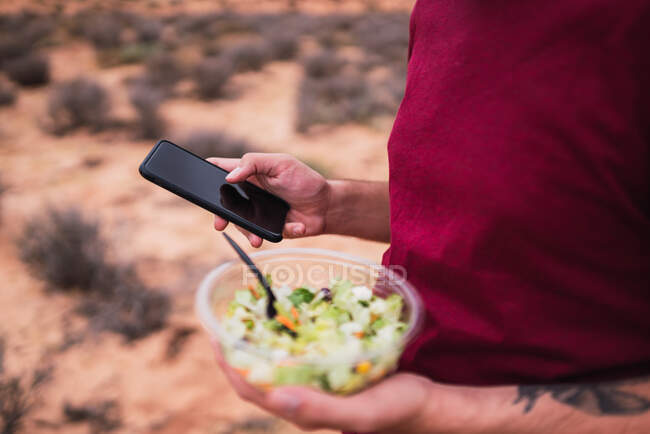 Мандрівник на полях з салатом та смартфоном — стокове фото