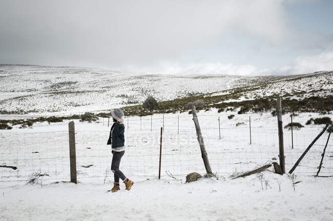 Vue latérale de la jeune femelle en vêtements chauds marchant près de la clôture par une journée d'hiver venteuse dans une magnifique campagne — Photo de stock
