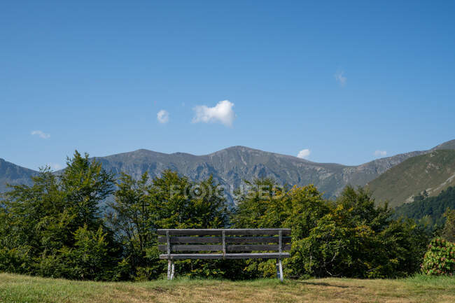 Banco de madeira em pé no fundo de arbustos verdes e belas montanhas no dia ensolarado na Bulgária, Balcãs — Fotografia de Stock