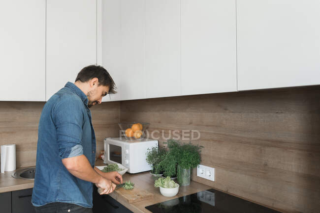 Side view of handsome young guy cutting fresh lettuce for delicious salad?while standing in stylish kitchen — Stock Photo