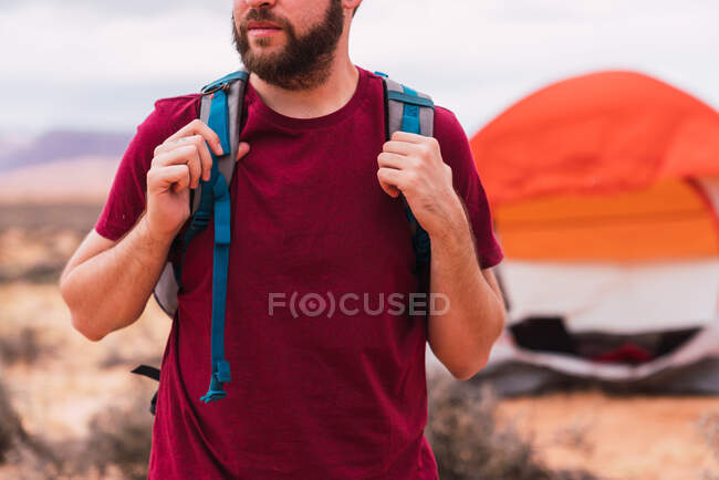 Guapo barbudo con mochila mirando hacia otro lado mientras está de pie sobre un fondo borroso del desierto increíble - foto de stock