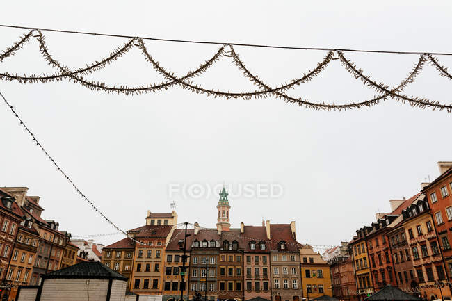 Decorated Warsaw Old Town Market Square, detail of old colorful facades — Stock Photo